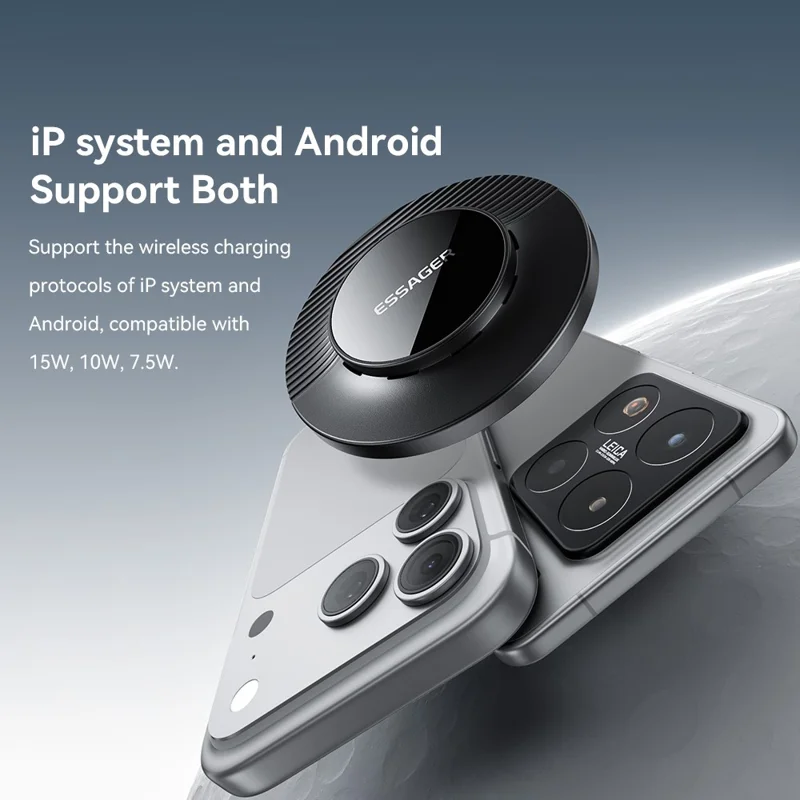 ESSAGER Desktop Wireless Charger Portable 15W Fast Charging Pad with 1m Type-C Cable - Black