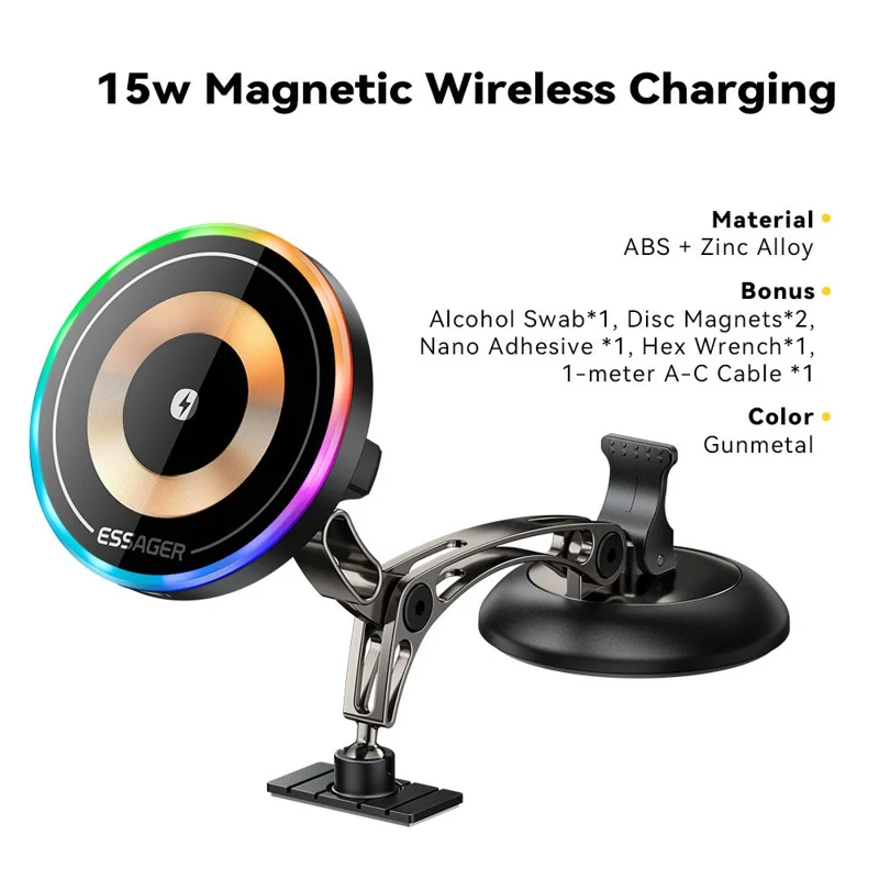 ESSAGER Magnetic Car Phone Holder RGB Lighting 15W Wireless Charger for Dashboard Windshield Mount - Tarnish