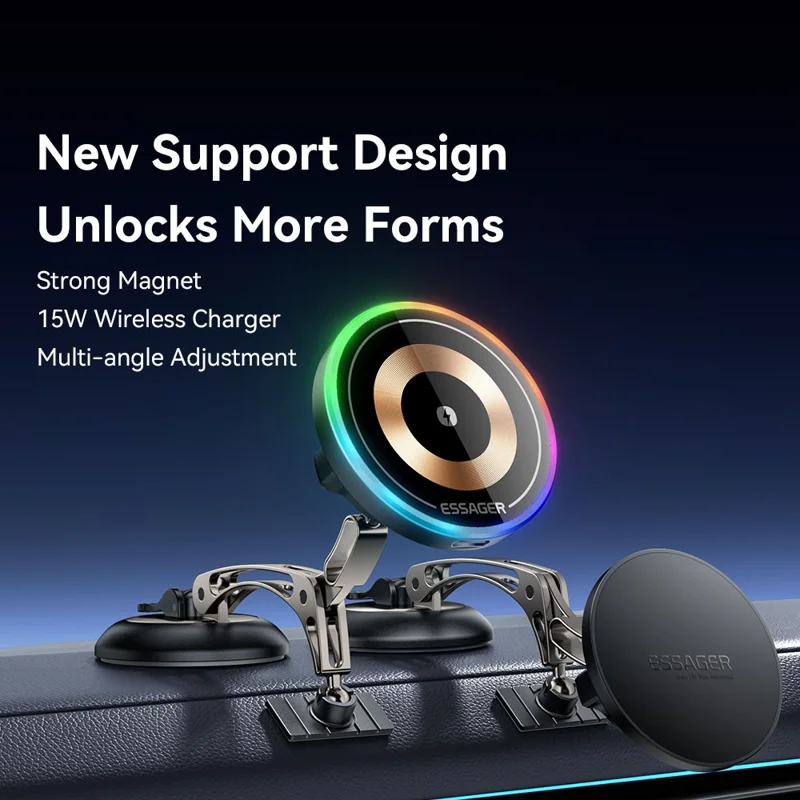 ESSAGER Magnetic Car Phone Holder RGB Lighting 15W Wireless Charger for Dashboard Windshield Mount - Tarnish