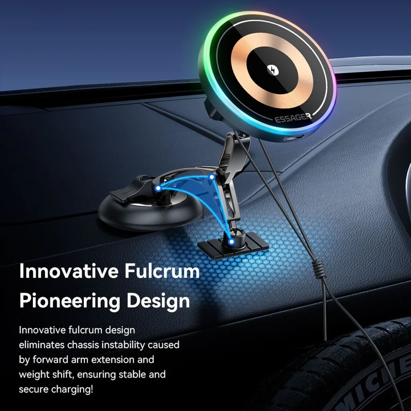ESSAGER Magnetic Car Phone Holder RGB Lighting 15W Wireless Charger for Dashboard Windshield Mount - Tarnish