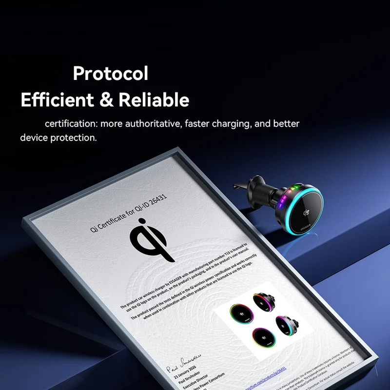 ESSAGER Qi2.2 25W Fast Charging Air Vent Mount Magnetic Wireless Car Charger with RGB Light - Black