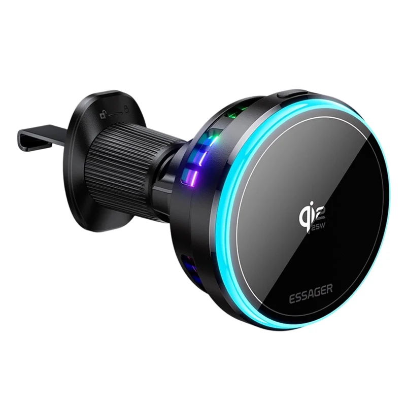 ESSAGER Qi2.2 25W Fast Charging Air Vent Mount Magnetic Wireless Car Charger with RGB Light - Black