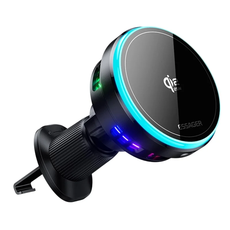 ESSAGER Qi2.2 25W Fast Charging Air Vent Mount Magnetic Wireless Car Charger with RGB Light - Black