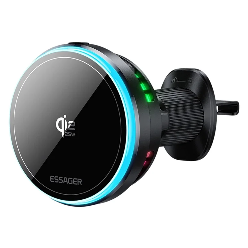 ESSAGER Qi2.2 25W Fast Charging Air Vent Mount Magnetic Wireless Car Charger with RGB Light - Black