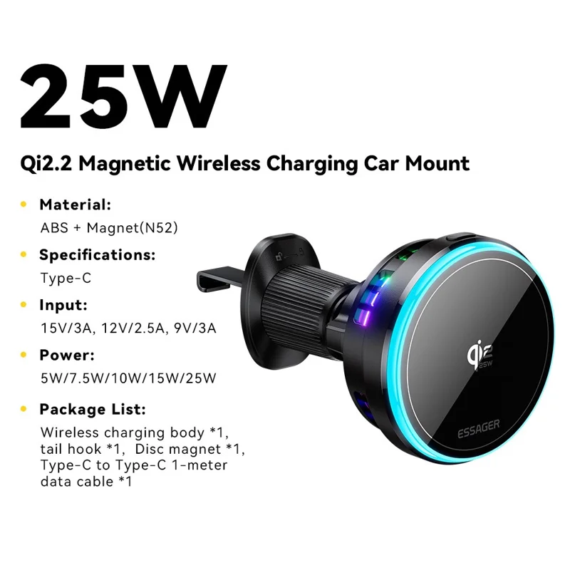 ESSAGER Qi2.2 25W Fast Charging Air Vent Mount Magnetic Wireless Car Charger with RGB Light - Black