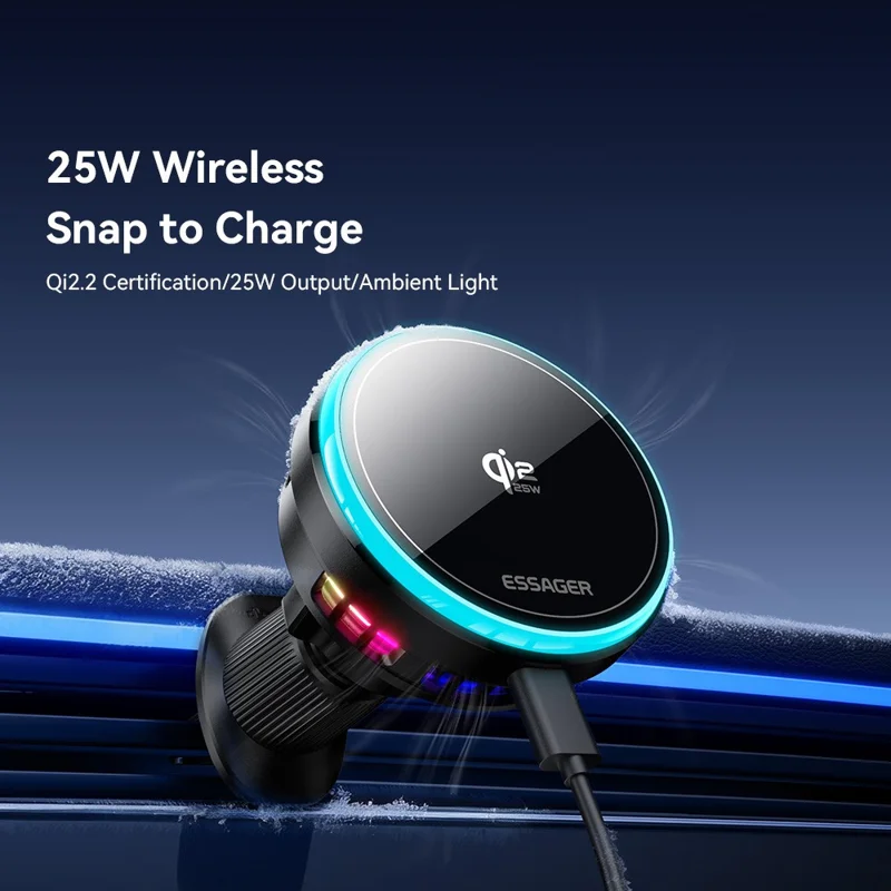 ESSAGER Qi2.2 25W Fast Charging Air Vent Mount Magnetic Wireless Car Charger with RGB Light - Black
