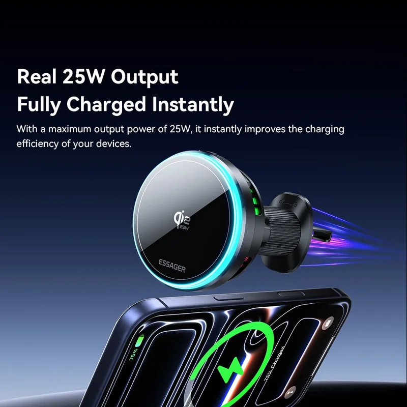 ESSAGER Qi2.2 25W Fast Charging Air Vent Mount Magnetic Wireless Car Charger with RGB Light - Black