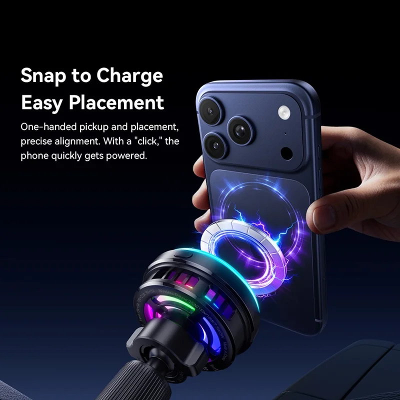 ESSAGER Qi2.2 25W Fast Charging Air Vent Mount Magnetic Wireless Car Charger with RGB Light - Black