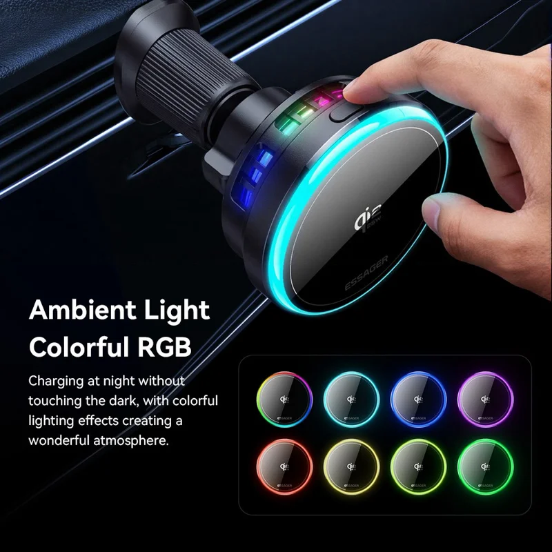 ESSAGER Qi2.2 25W Fast Charging Air Vent Mount Magnetic Wireless Car Charger with RGB Light - Black