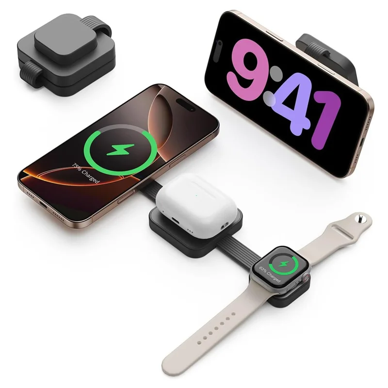 Y222 3-in-1 Wireless Charger Foldable Magnetic Stand for iPhone Apple Watch AirPods - Black