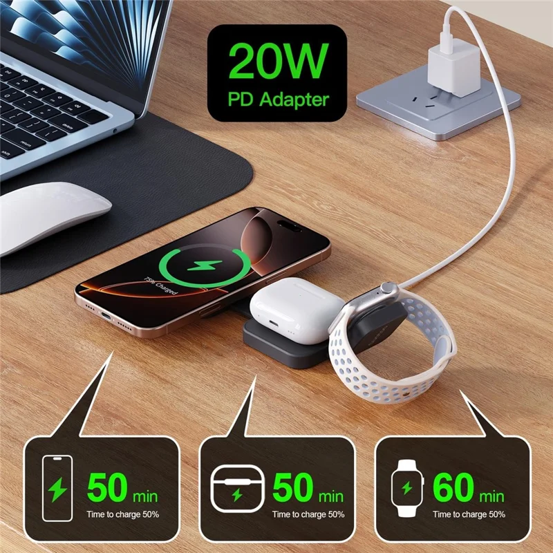Y222 3-in-1 Wireless Charger Foldable Magnetic Stand for iPhone Apple Watch AirPods - Black