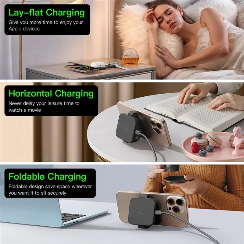 Y222 3-in-1 Wireless Charger Foldable Magnetic Stand for iPhone Apple Watch AirPods - Black