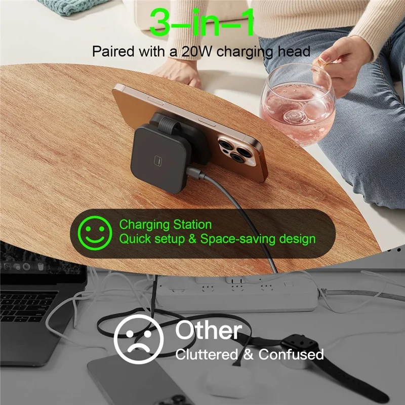 Y222 3-in-1 Wireless Charger Foldable Magnetic Stand for iPhone Apple Watch AirPods - Black