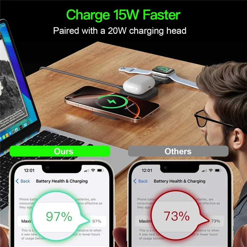 Y222 3-in-1 Wireless Charger Foldable Magnetic Stand for iPhone Apple Watch AirPods - Black