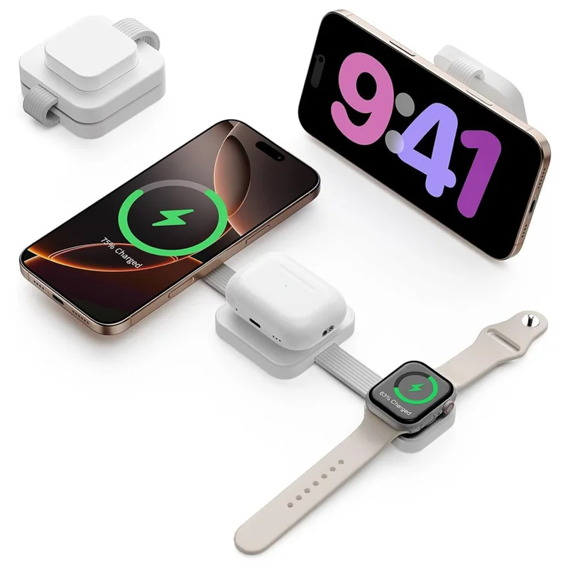 Y222 3-in-1 Wireless Charger Foldable Magnetic Stand for iPhone Apple Watch AirPods - White