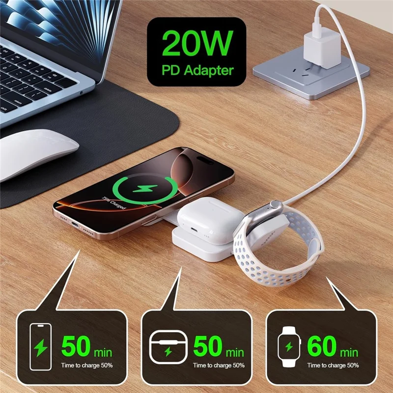 Y222 3-in-1 Wireless Charger Foldable Magnetic Stand for iPhone Apple Watch AirPods - White