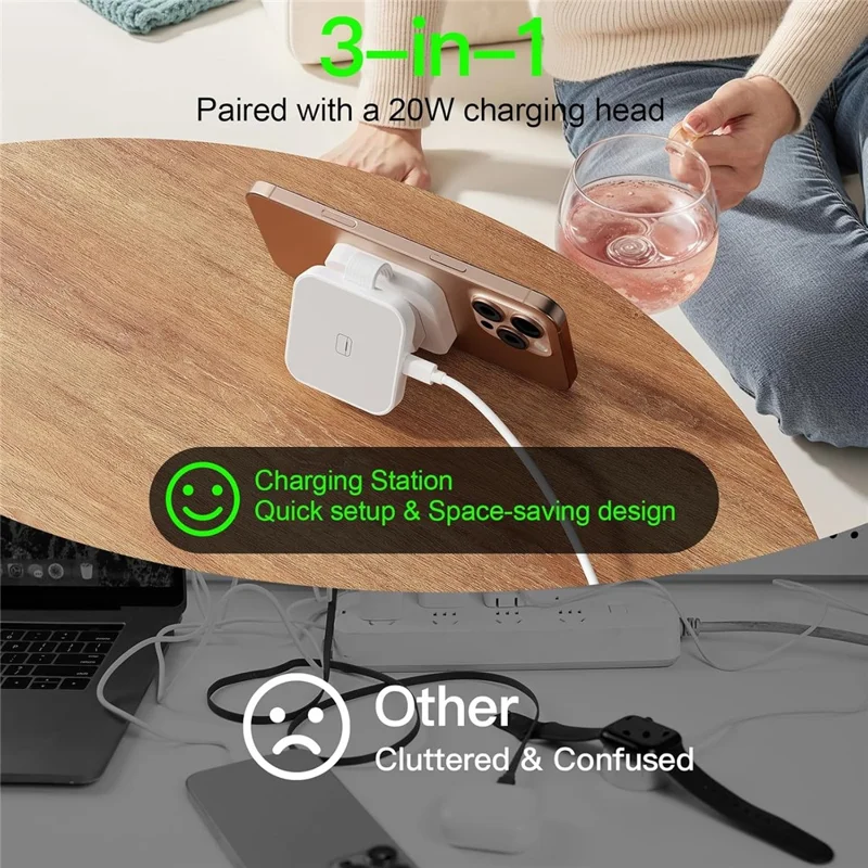 Y222 3-in-1 Wireless Charger Foldable Magnetic Stand for iPhone Apple Watch AirPods - White
