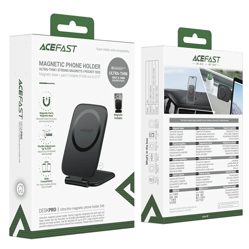 ACEFAST E46 Ultra-thin Magnetic Phone Holder 270° Adjustable Foldable Desktop Stand - Black