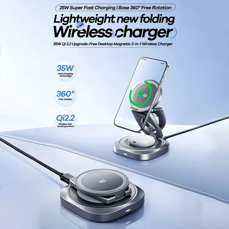 REMAX CW11 3 in 1 35W Foldable Wireless Charger Qi2.2 Magnetic Charging Stand for iPhone AirPods Watch - Dark Grey