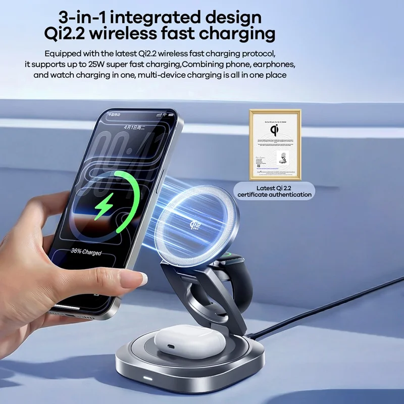 REMAX CW11 3 in 1 35W Foldable Wireless Charger Qi2.2 Magnetic Charging Stand for iPhone AirPods Watch - Dark Grey