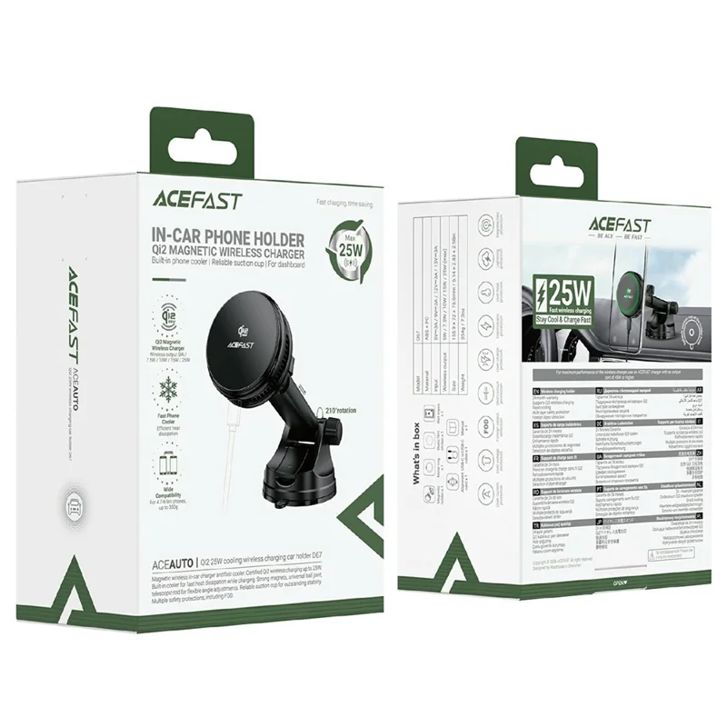 ACEFAST D67 Qi2 25 W kabelloses Schnellladegerät mit Kühlfunktion und Saugnapf-Handyhalterung – Schwarz