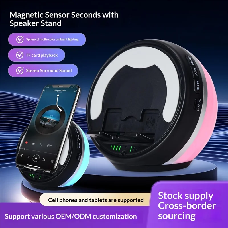 F36 Altifalante Bluetooth com Suporte para Telemóvel, Luz Ambiente RGB, Cartão TF, Altifalante Portátil com Áudio por Indução sem Fios - Preto