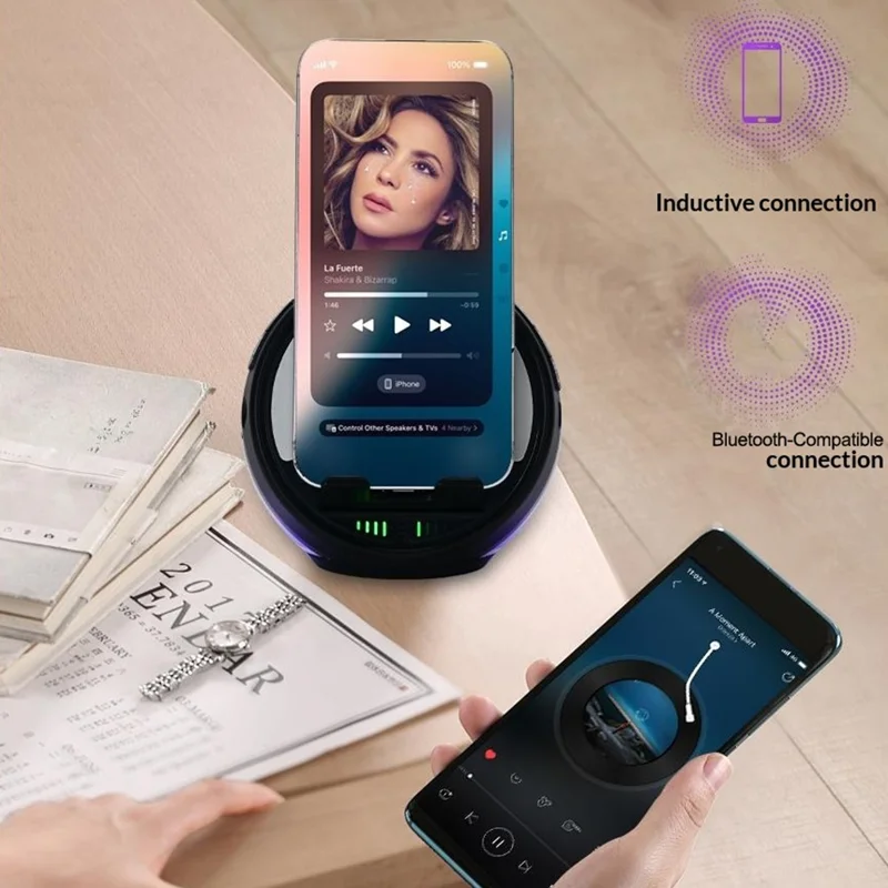 F36 Altifalante Bluetooth com Suporte para Telemóvel, Luz Ambiente RGB, Cartão TF, Altifalante Portátil com Áudio por Indução sem Fios - Preto