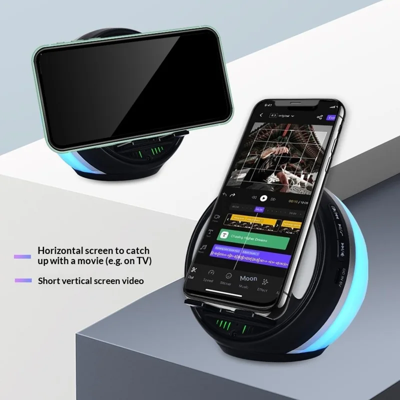 F36 Altifalante Bluetooth com Suporte para Telemóvel, Luz Ambiente RGB, Cartão TF, Altifalante Portátil com Áudio por Indução sem Fios - Preto