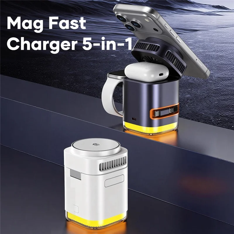 JJT-C53 5-in-1 Magnetic Wireless Charger Semiconductor Cooling System Qi2.2 25W Fast Charging Stand with Built-in Type-C Cable - Black