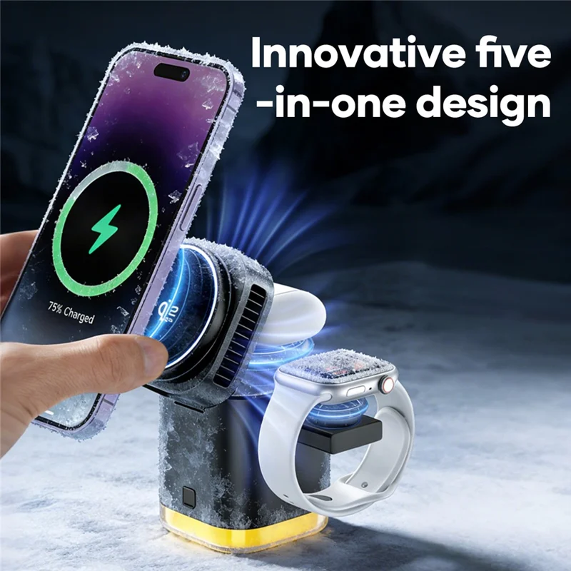 JJT-C53 5-in-1 Magnetic Wireless Charger Semiconductor Cooling System Qi2.2 25W Fast Charging Stand with Built-in Type-C Cable - Black