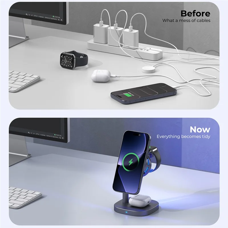 B-36 3 in 1 Magnetic Wireless Charger for iPhone / Apple Watch / AirPods TEC Cooling Qi2.2 25W Fast Charging Dock - Black