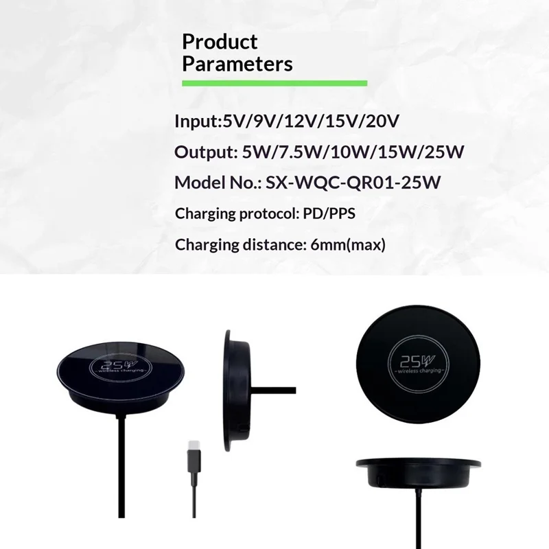 QR02 Qi2.2 25W Magnetic Wireless Charger Embedded Desktop Car Mount Charging Pad - Black