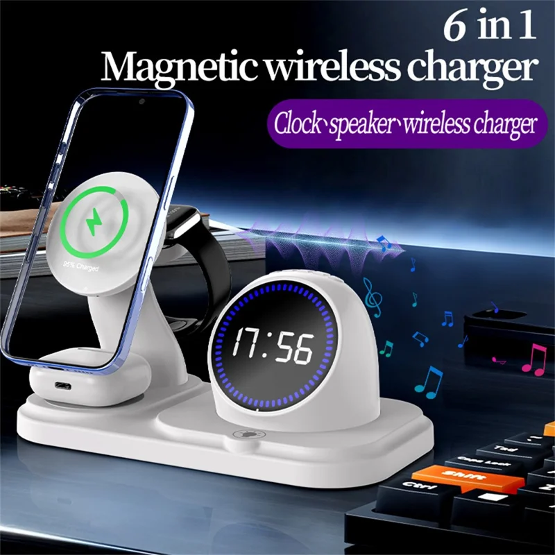 6 in 1 15W Wireless Charging Station for iPhone / Apple Watch / AirPods Digital Clock Bluetooth-compatible Speaker with RGB Light - White