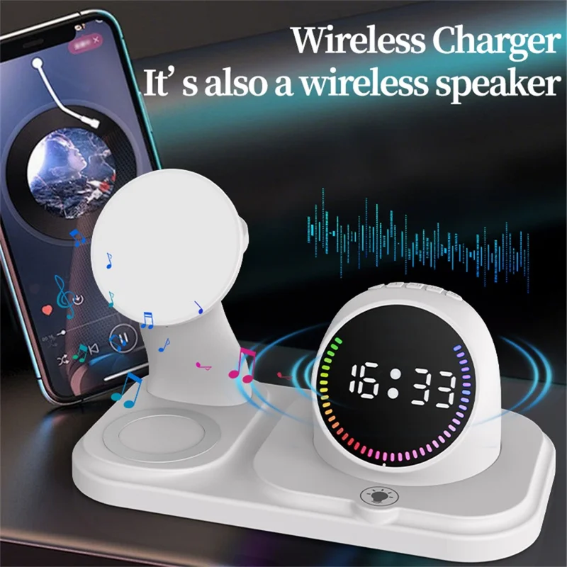 6 in 1 15W Wireless Charging Station for iPhone / Apple Watch / AirPods Digital Clock Bluetooth-compatible Speaker with RGB Light - White