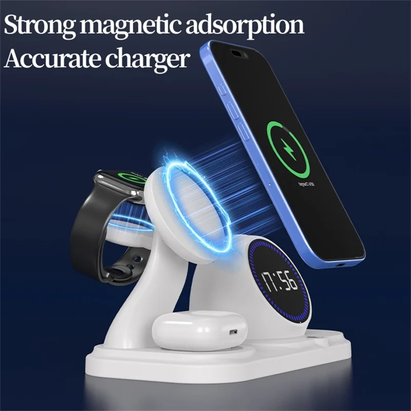 6 in 1 15W Wireless Charging Station for iPhone / Apple Watch / AirPods Digital Clock Bluetooth-compatible Speaker with RGB Light - White