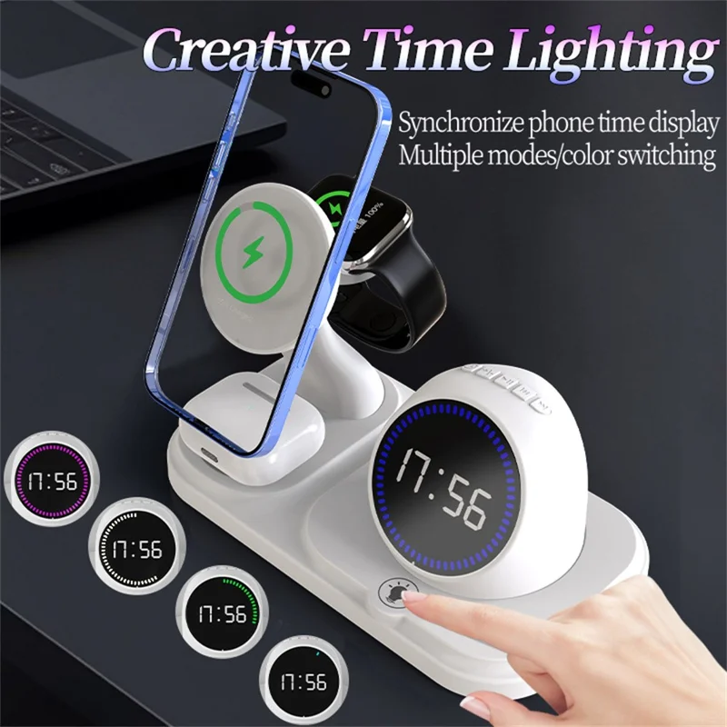 6 in 1 15W Wireless Charging Station for iPhone / Apple Watch / AirPods Digital Clock Bluetooth-compatible Speaker with RGB Light - White