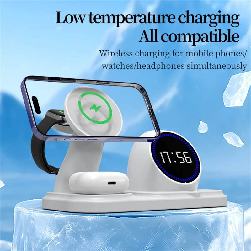 6 in 1 15W Wireless Charging Station for iPhone / Apple Watch / AirPods Digital Clock Bluetooth-compatible Speaker with RGB Light - White