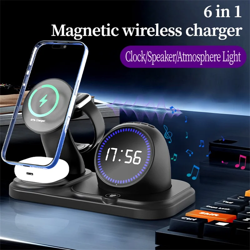 6 in 1 15W Wireless Charging Station for iPhone / Apple Watch / AirPods Digital Clock Bluetooth-compatible Speaker with RGB Light - White