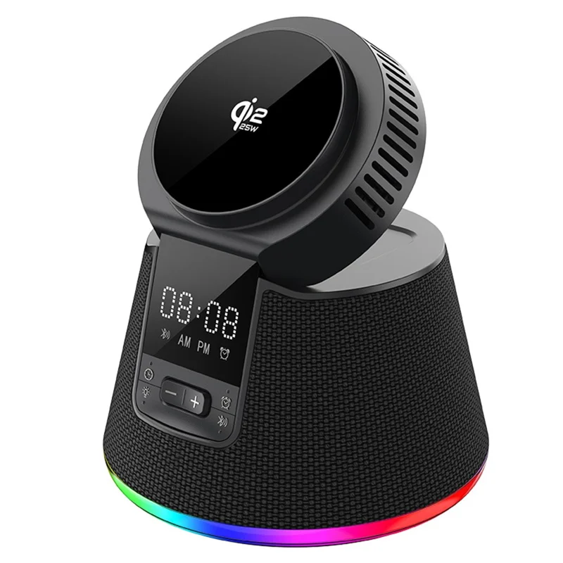 JJT-C67 5-in-1 Qi2.2 25W Ice Cooling Wireless Charger Bluetooth-compatible Speaker Charging Station with RGB Light - Black
