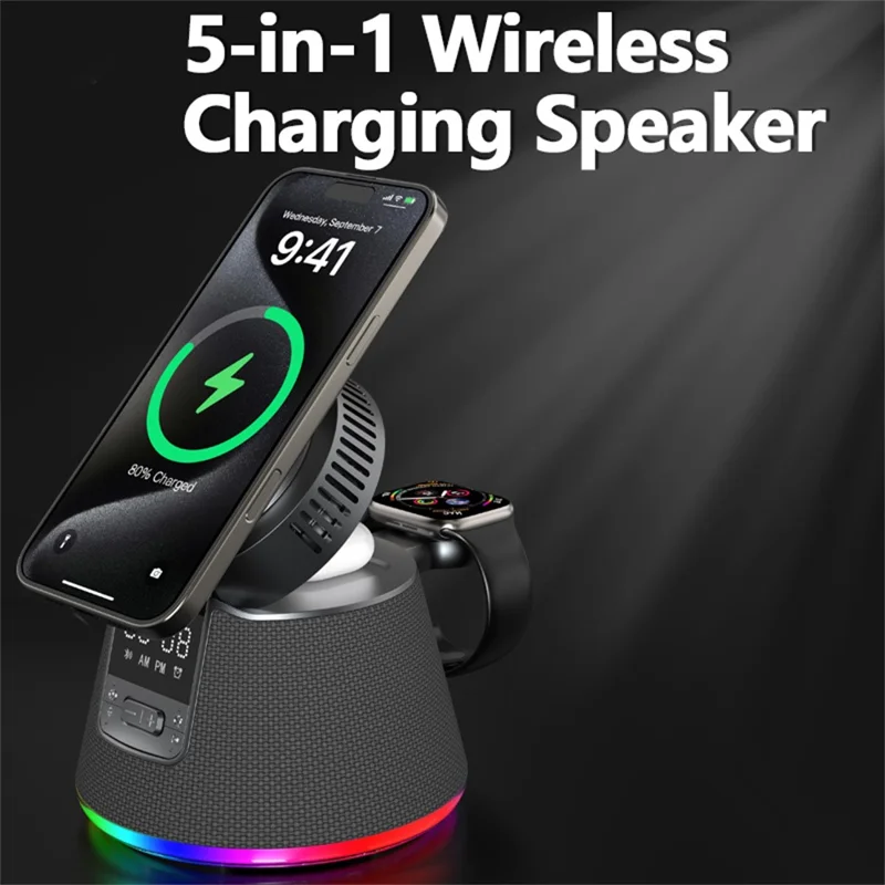 JJT-C67 5-in-1 Qi2.2 25W Ice Cooling Wireless Charger Bluetooth-compatible Speaker Charging Station with RGB Light - Black