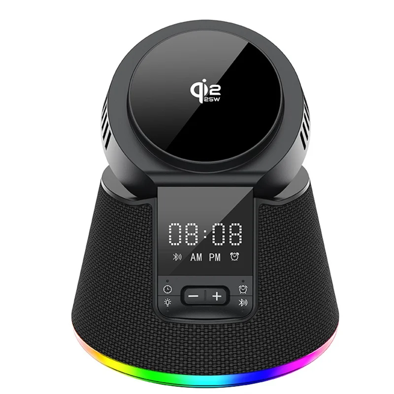 JJT-C67 5-in-1 Qi2.2 25W Ice Cooling Wireless Charger Bluetooth-compatible Speaker Charging Station with RGB Light - Black