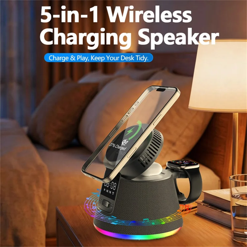 JJT-C67 5-in-1 Qi2.2 25W Ice Cooling Wireless Charger Bluetooth-compatible Speaker Charging Station with RGB Light - Black