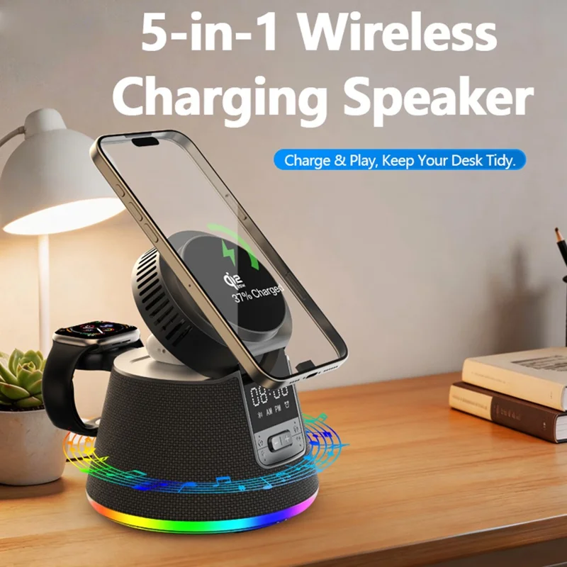 JJT-C67 5-in-1 Qi2.2 25W Ice Cooling Wireless Charger Bluetooth-compatible Speaker Charging Station with RGB Light - Black