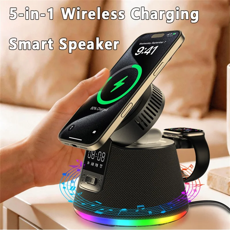 JJT-C67 5-in-1 Qi2.2 25W Ice Cooling Wireless Charger Bluetooth-compatible Speaker Charging Station with RGB Light - Black