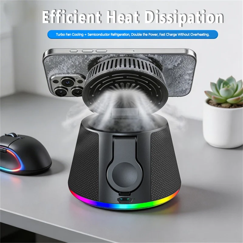 JJT-C67 5-in-1 Qi2.2 25W Ice Cooling Wireless Charger Bluetooth-compatible Speaker Charging Station with RGB Light - Black