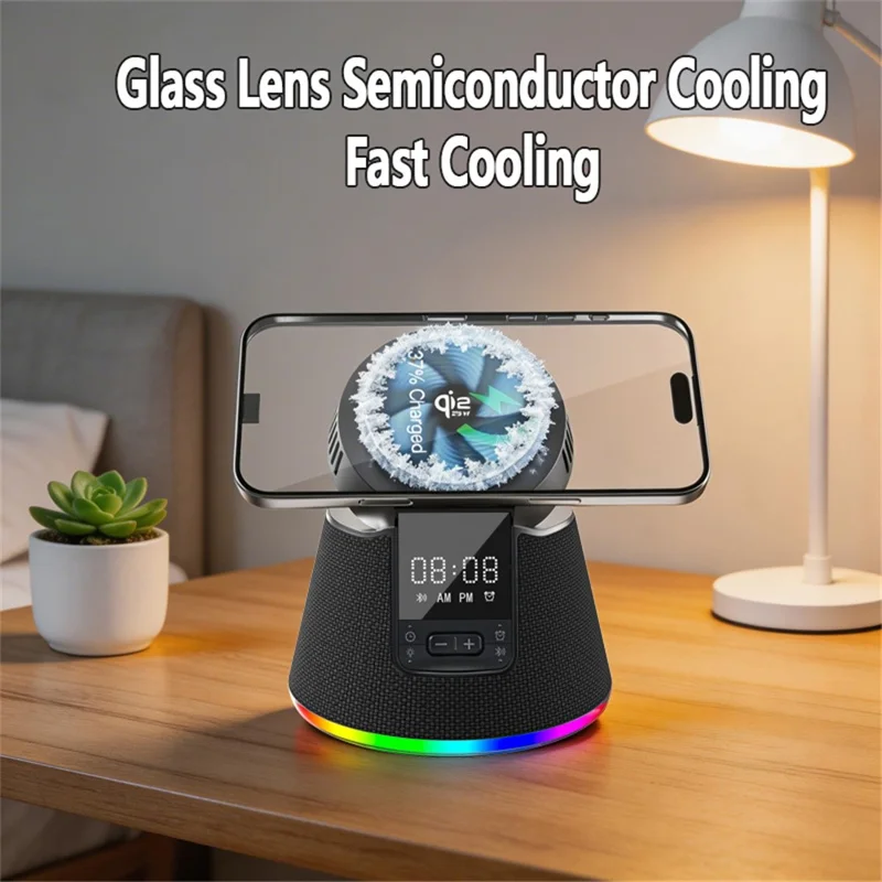 JJT-C67 5-in-1 Qi2.2 25W Ice Cooling Wireless Charger Bluetooth-compatible Speaker Charging Station with RGB Light - Black
