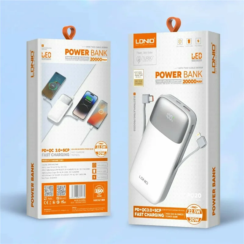 LDNIO PQ20 20000mAh Power Bank with Built-in Type-C & iP (5-14) Cables 22.5W Fast Charging Charg - White