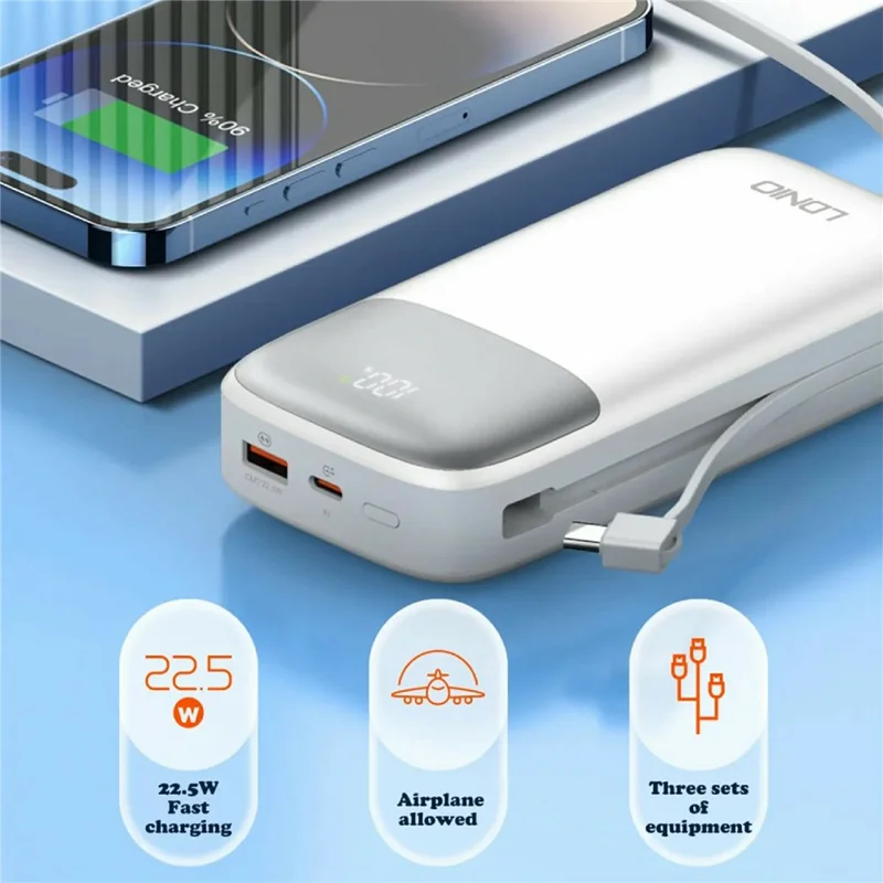 LDNIO PQ20 20000mAh Power Bank with Built-in Type-C & iP (5-14) Cables 22.5W Fast Charging Charg - White