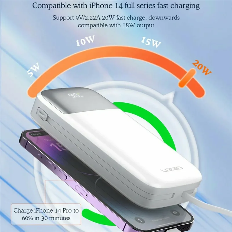 LDNIO PQ20 20000mAh Power Bank with Built-in Type-C & iP (5-14) Cables 22.5W Fast Charging Charg - White