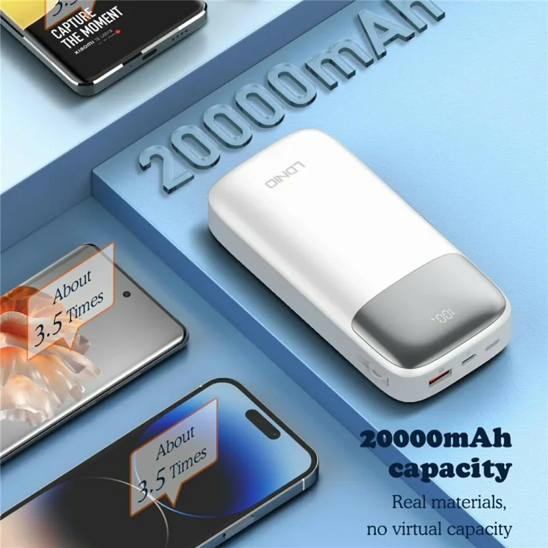 LDNIO PQ20 20000mAh Power Bank with Built-in Type-C & iP (5-14) Cables 22.5W Fast Charging Charg - White